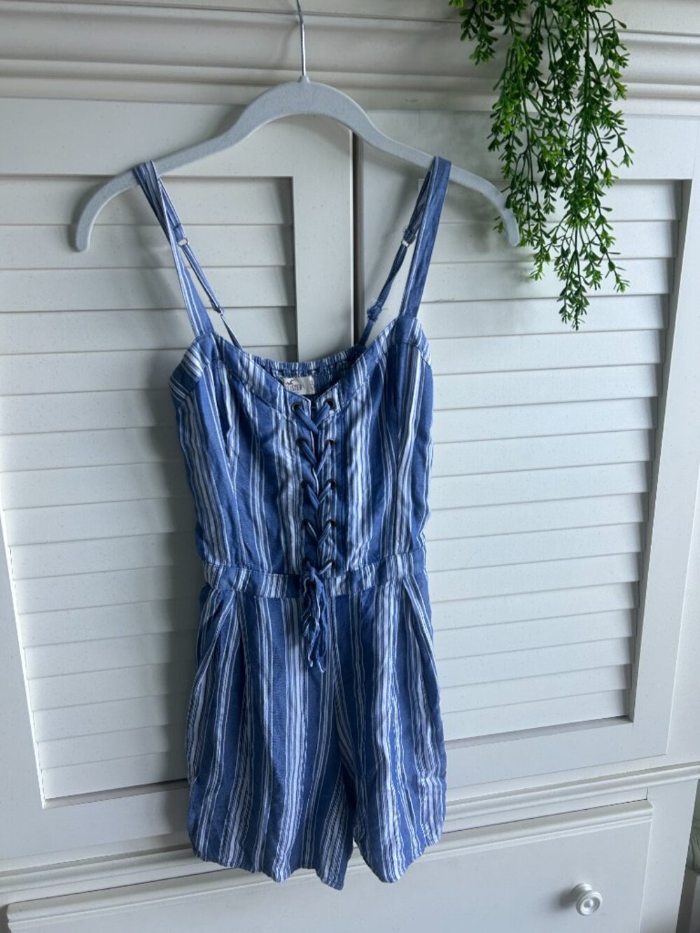 Hollister Blue and White Striped Romper with Tank Top Sleeves, Tie Front Detail
